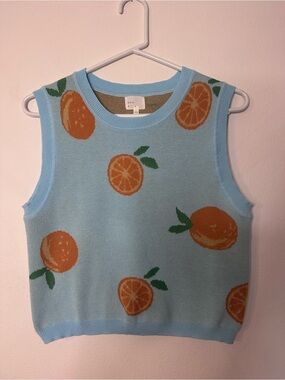 Kids Blue Knit Tank Top with Orange Fruit Motif